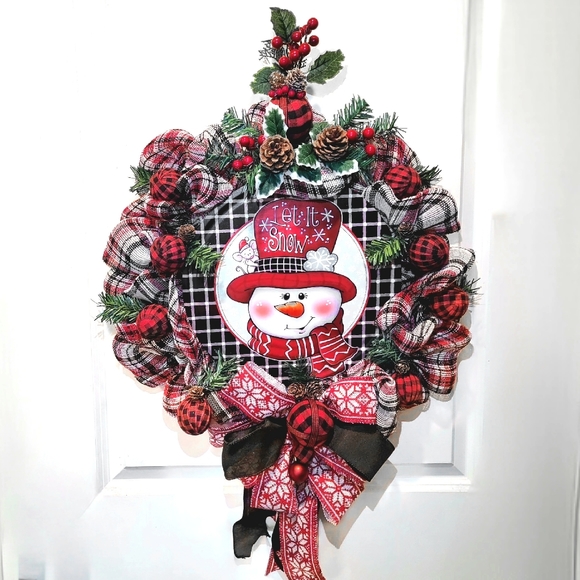 Winter Frosty Snowman Wreath Farmhouse Cabin Cottage Deco Mesh Bow Pinecones - Picture 3 of 7